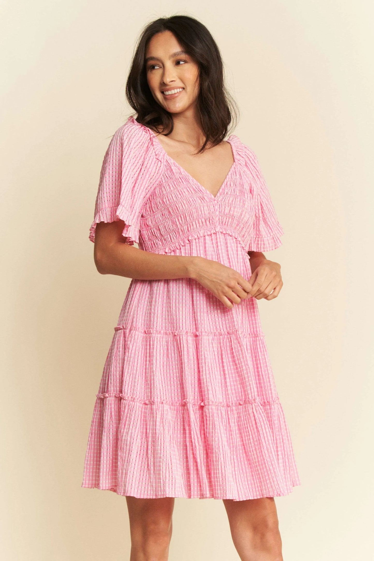 Pink Smocked Checker Tiered Dress