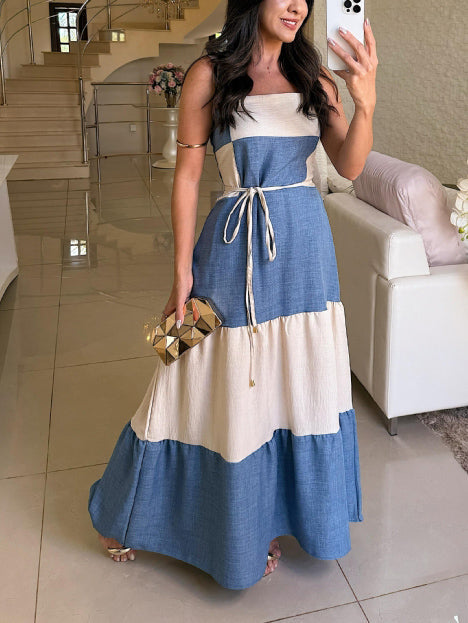 Casual Contrast Panel Square Neck Maxi Dress Blue