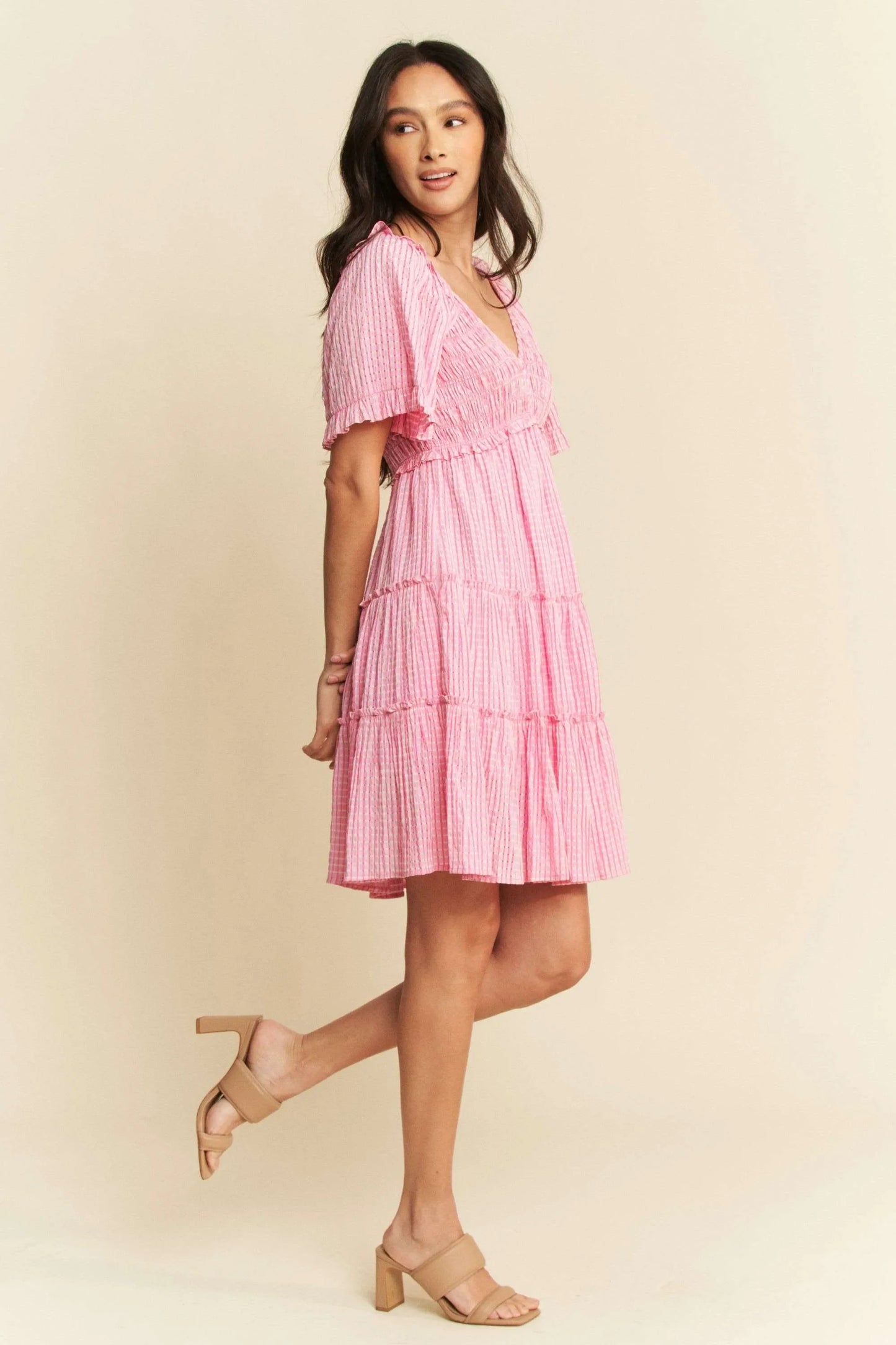 Pink Smocked Checker Tiered Dress
