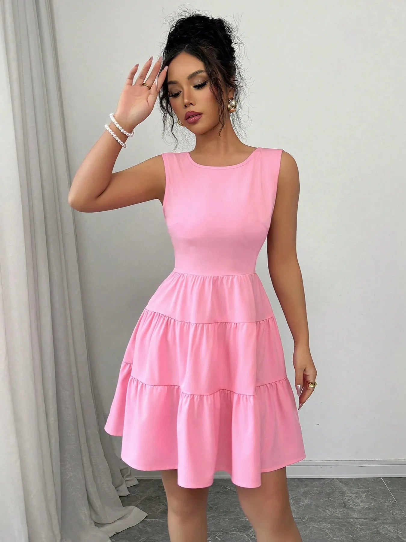 Pink Flowy Tiered Dress – Sleeveless, Round Neck