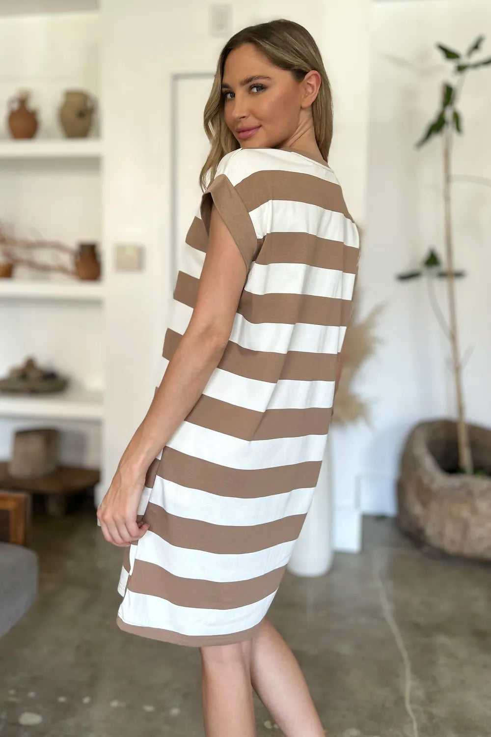 Striped Sleeve Mini Dress = Round Neck