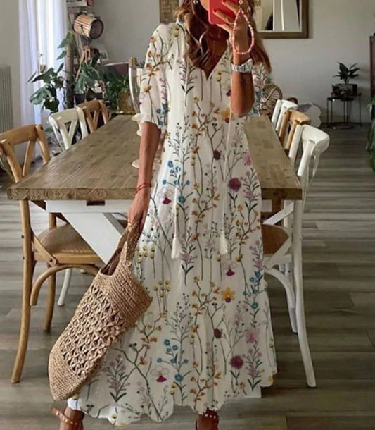 Casual Loose V-neck Printed Long Dress