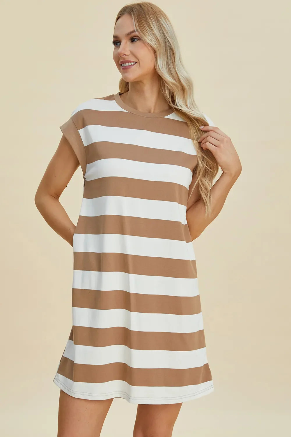 Striped Sleeve Mini Dress = Round Neck