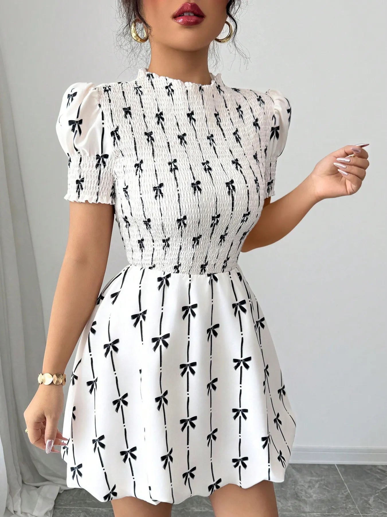 Smocked Bow Print Short Sleeve Dress – White Mini Dress with Black Bow Ties