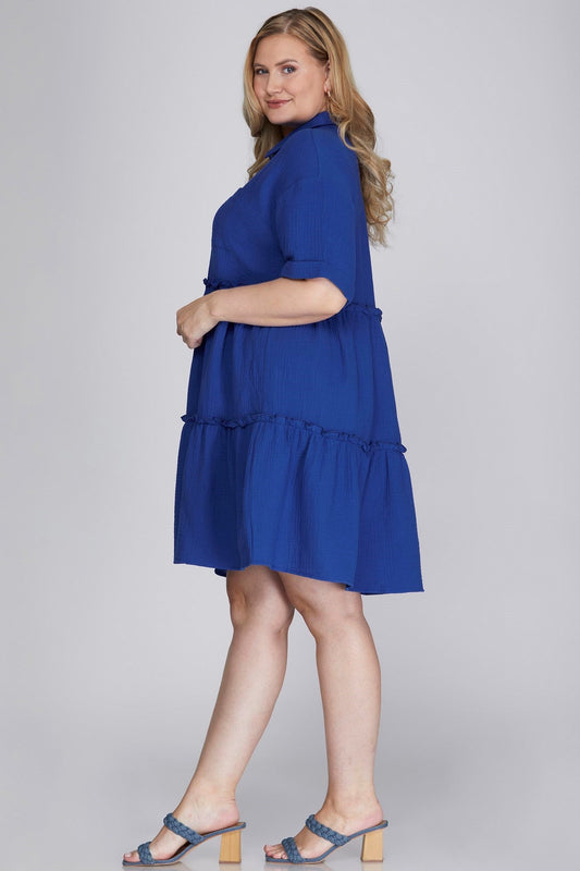 She + Sky Full Size Button Front Frill Tiered Mini Dress Plus Size