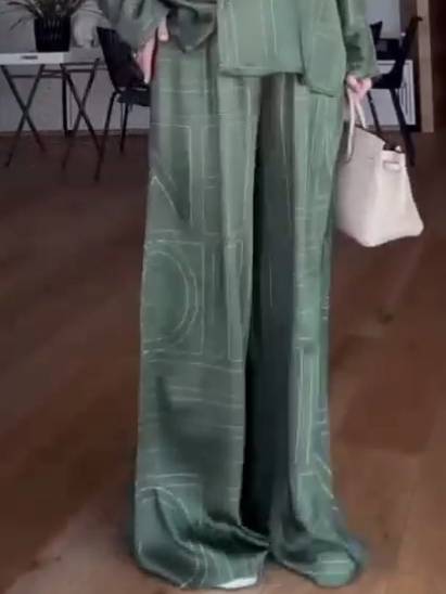 Geometric Letter Print Shirt Wide Leg Suit-Pants Green