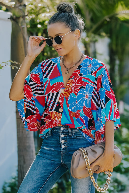 Grow Toward Love Print Button Up Top - 2 Colors Blue