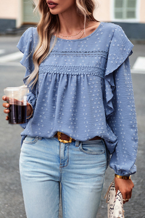 Miss You So Swiss Dot Lace Ruffled Long Sleeve Top - 5 Colors Blue