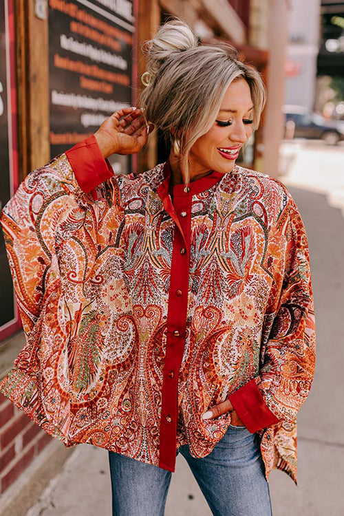 Lovely Time Print Button Down Long Sleeve Top - 2 Colors Red