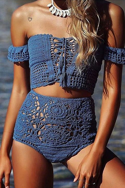 Hand-hook Knit Swimsuit Blue