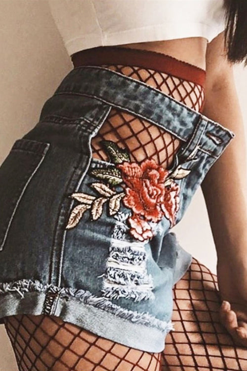 Floral Embroidered Hollow-out Denim Shorts Deep Blue