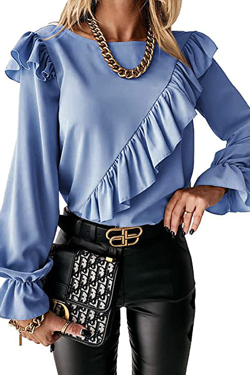 Elegant Image Ruffled Long Sleeve Top - 6 Colors Blue