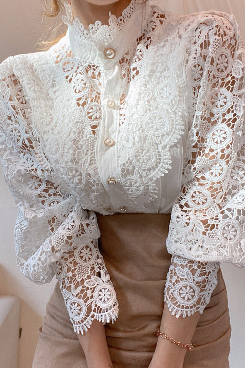 Feel It Still Lace Button Up Top - 3 Colors White