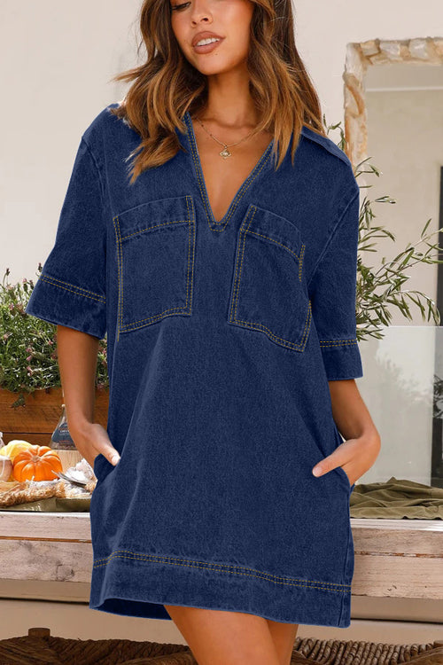 Something New Pocket Denim Short Sleeve Mini Dress - 2 Colors Dark Blue