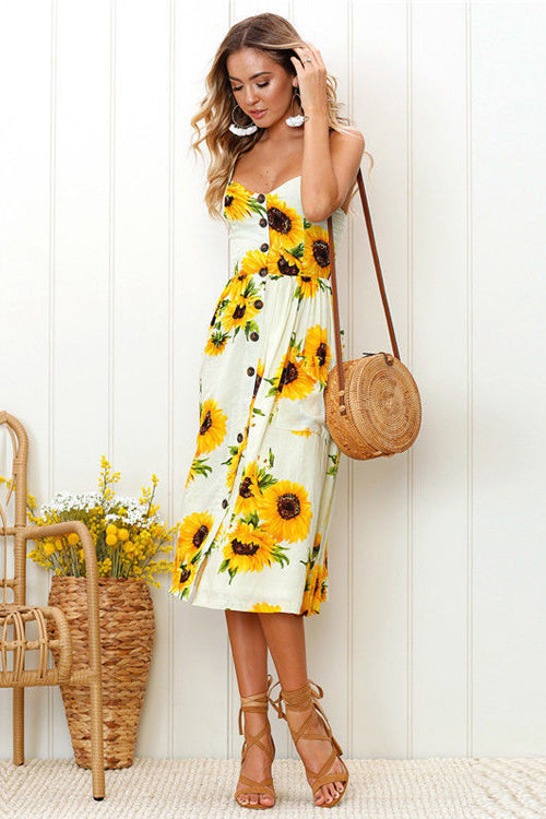 Sunflower Fit&Flare Print Midi Dress - 9 Colors Yellow-sunflower