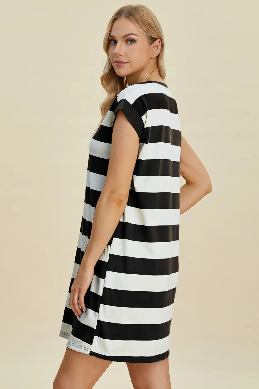 Striped Sleeve Mini Dress = Round Neck