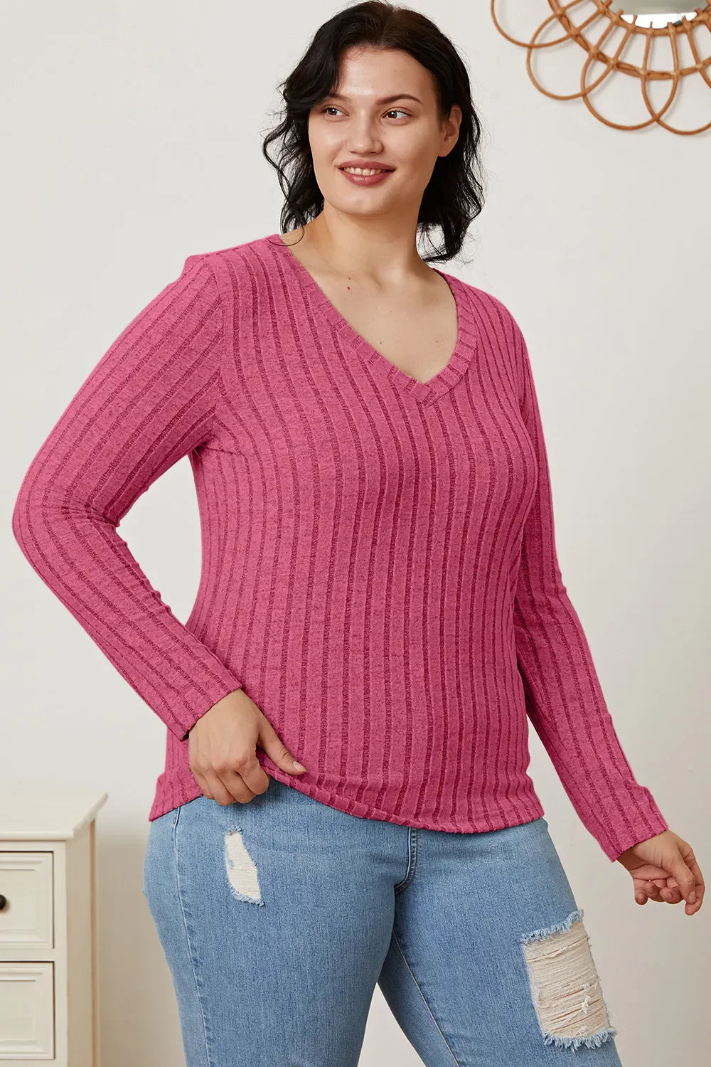 Comfy Ribbed V-Neck Long Sleeve Tee