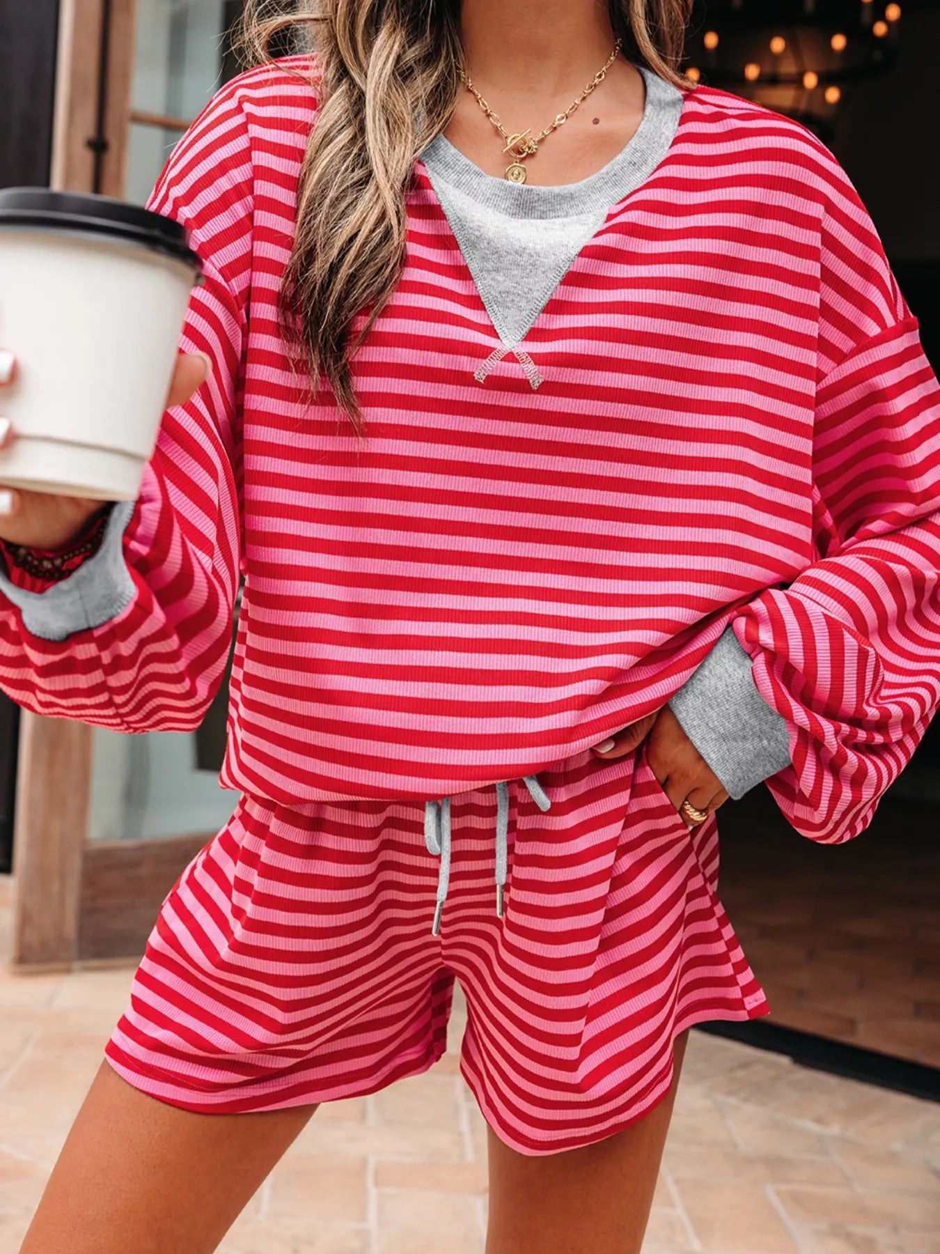Women's Strawberry Stripe Drop Shoulder Baggy Top & Shorts Set – Casual Lounge Two Piece Outfit