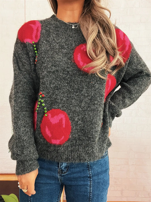 Women’s Contrast Cherry Round Neck Sweater – Cute Knit Pullover for Fall & Winter