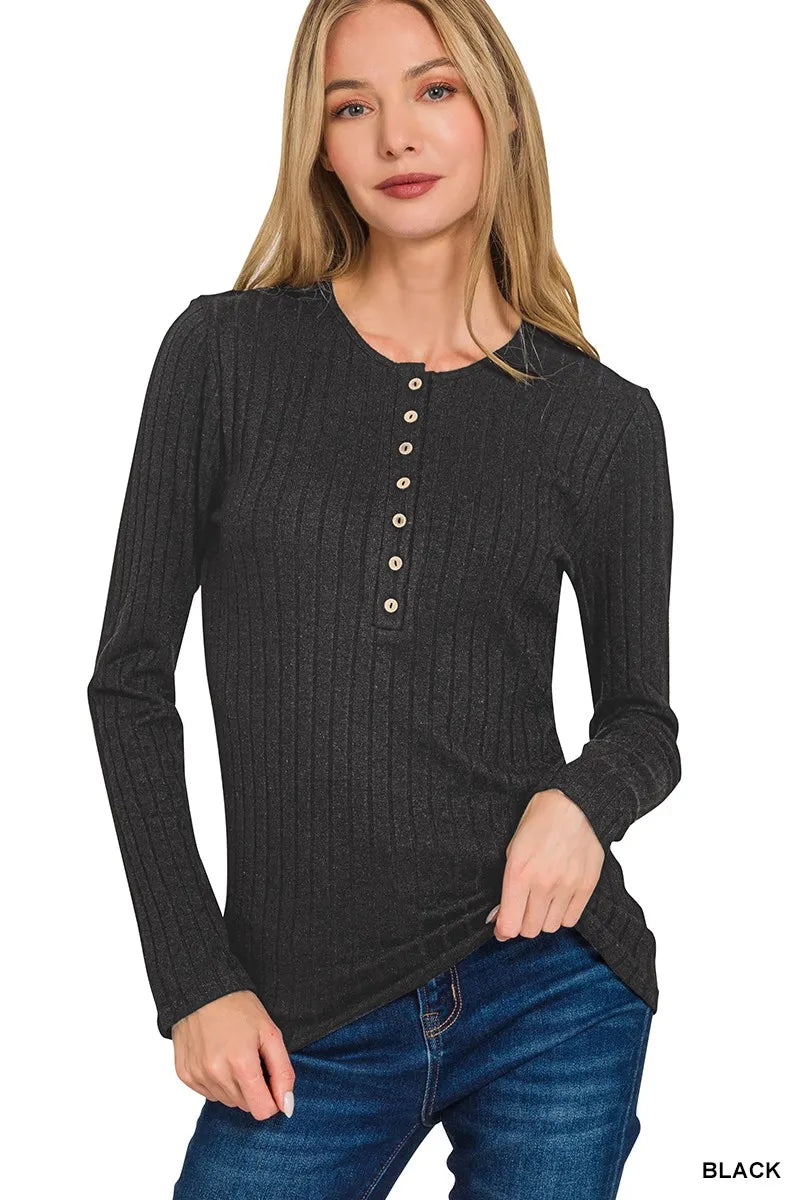 Black Long Sleeve Ribbed Top – Half Button Front