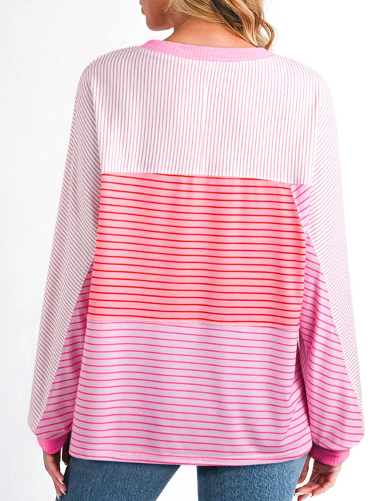 Striped Colorblock Exposed Seam Casual Long Sleeve Top