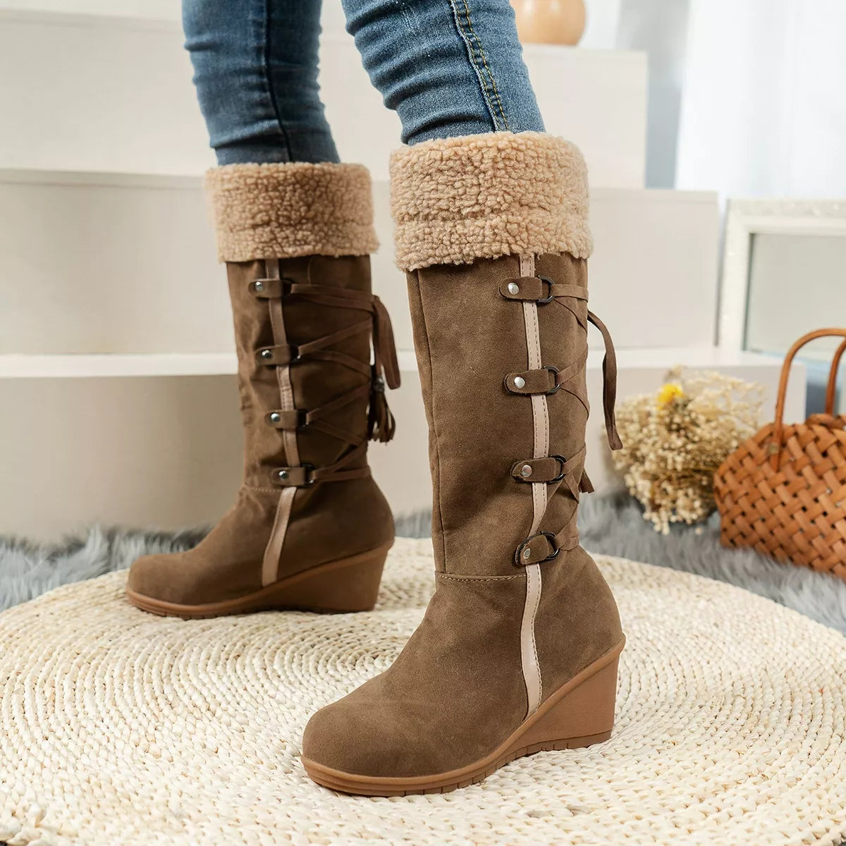 Suede Wedge Boots with Fur Cuff