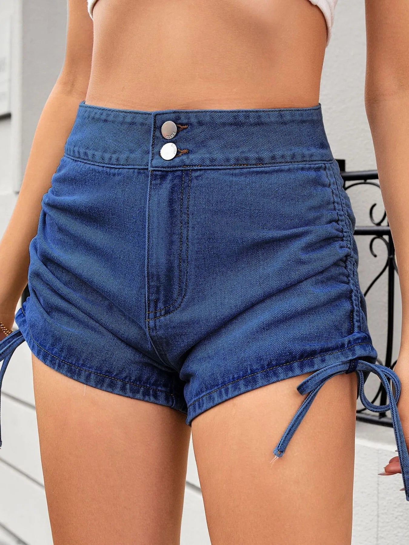 Ruched Side Drawstring Denim Shorts