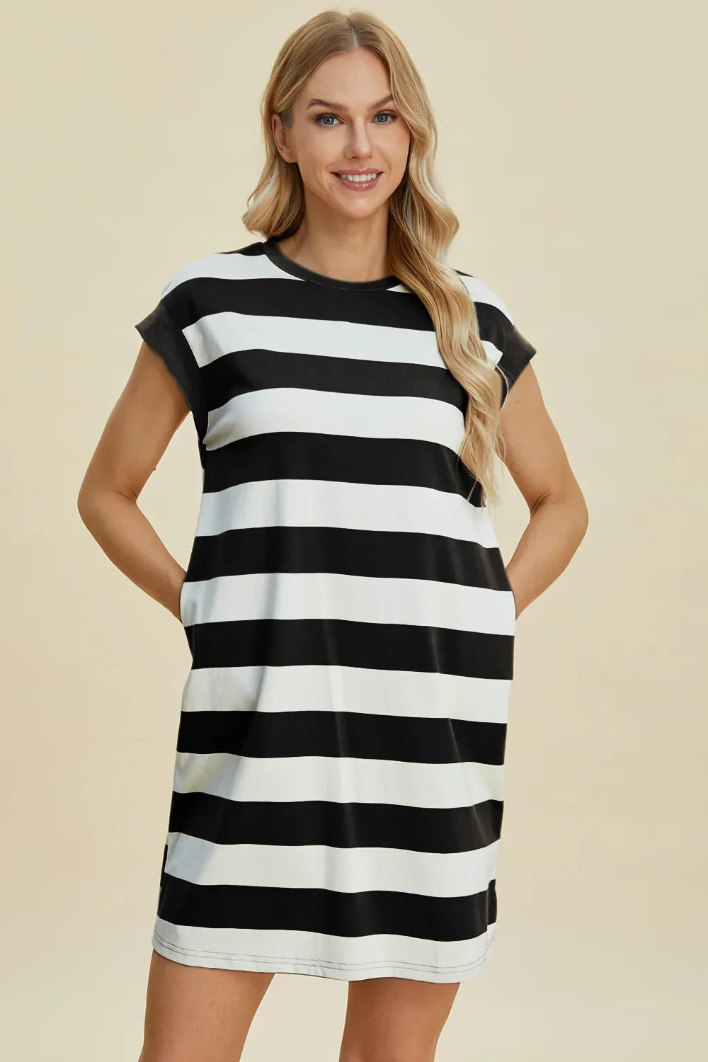 Striped Sleeve Mini Dress = Round Neck
