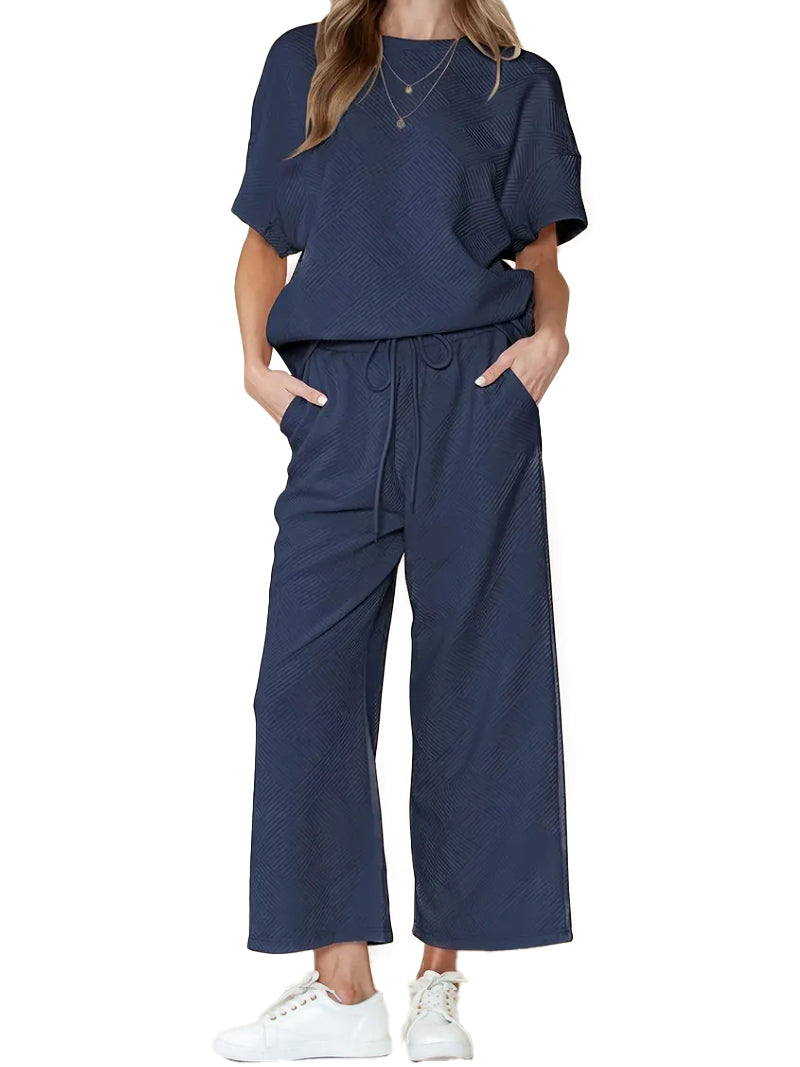 ⏰Hot Sale-Women's Textured Loose Fit T Shirt and Drawstring Pants Casual Set (Buy 2 Free Shipping)