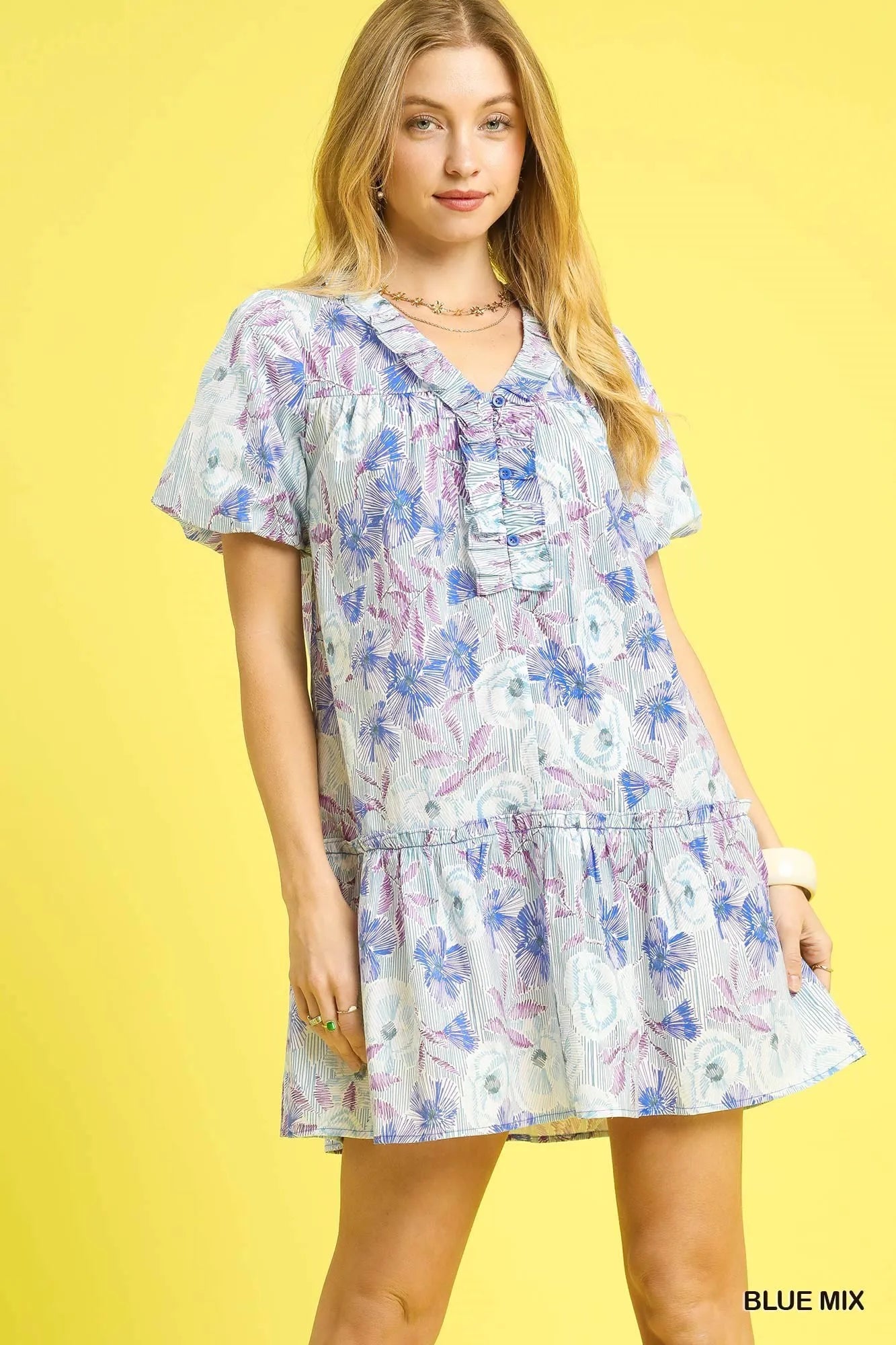 Blue Mix Floral Ruffled Puff Sleeve Mini Dress – Romantic Short Sleeve Summer Dress for Women