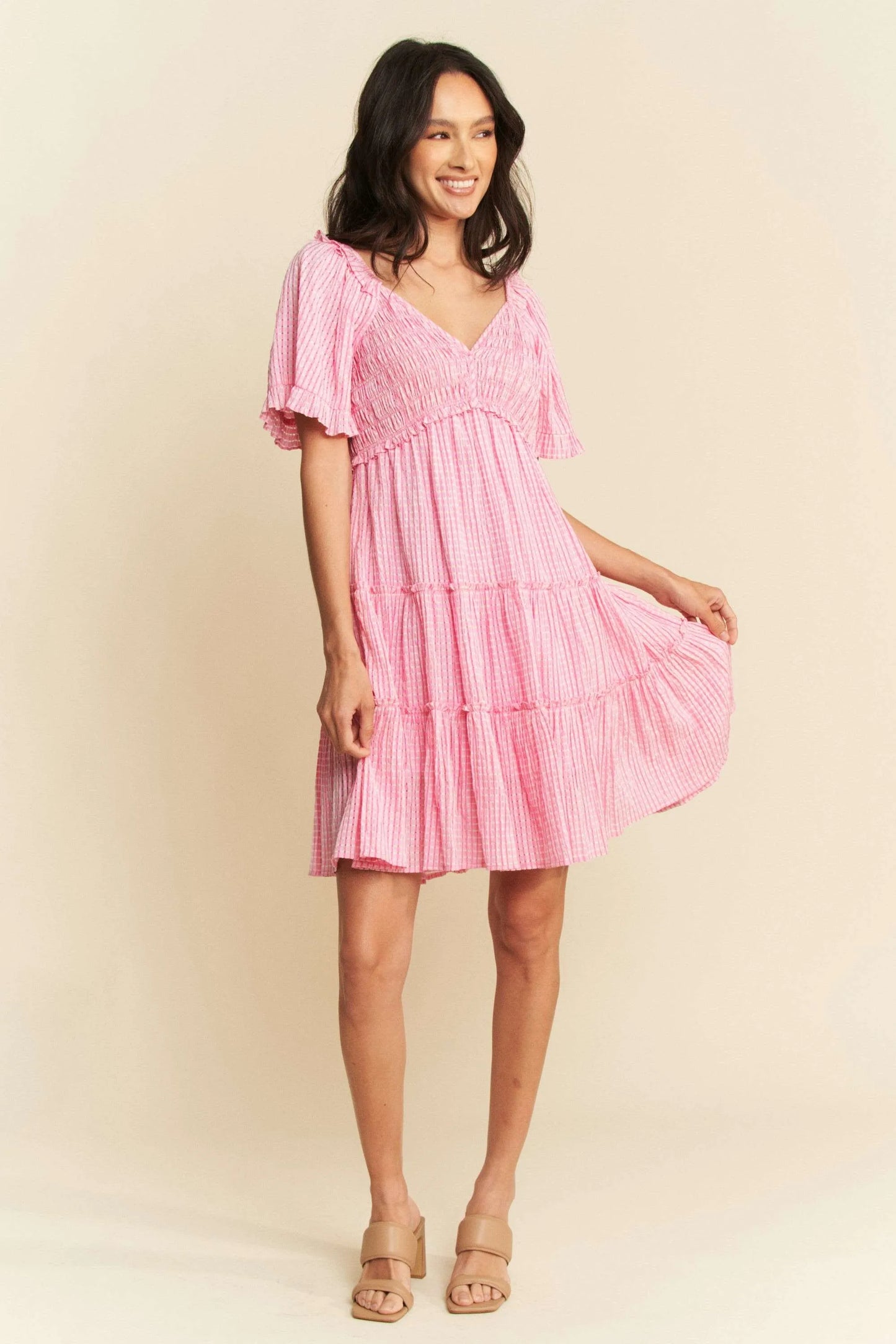 Pink Smocked Checker Tiered Dress