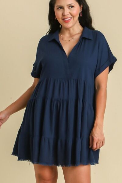 Raw Edge Folded Sleeve Tiered Dress