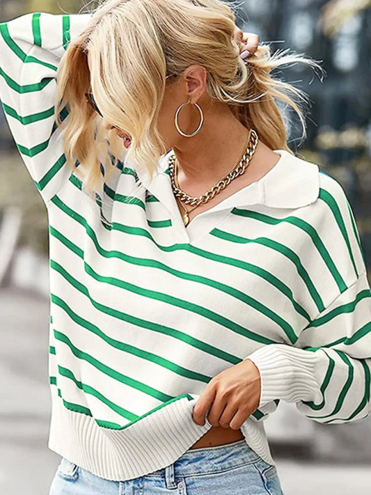 Ribbed Striped Sweater with Long Sleeves Green
