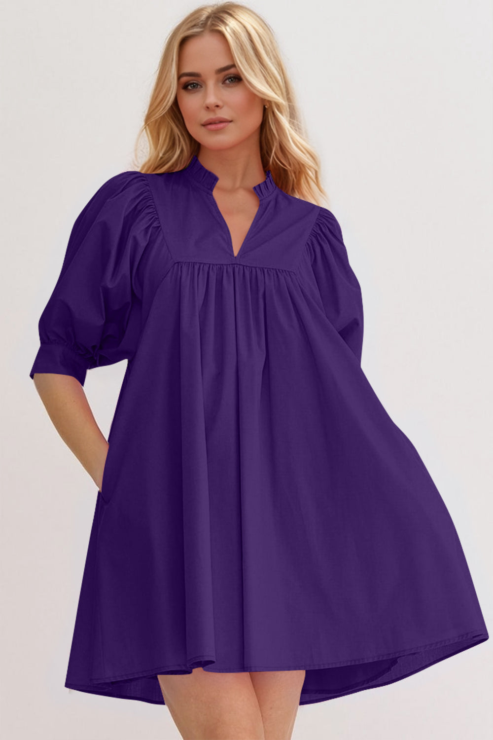 Puff Sleeve Notched Babydoll Mini Dress