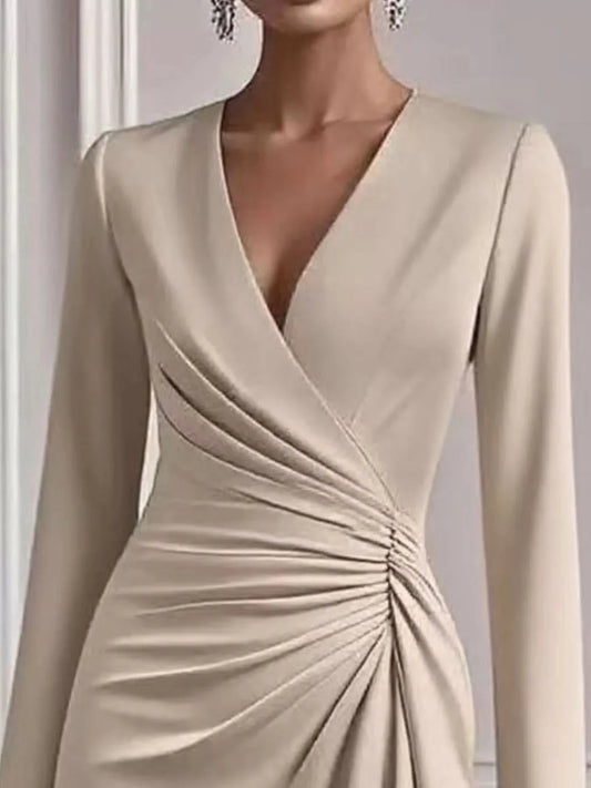 Front Ruched V-Neck Long Sleeve Dress
