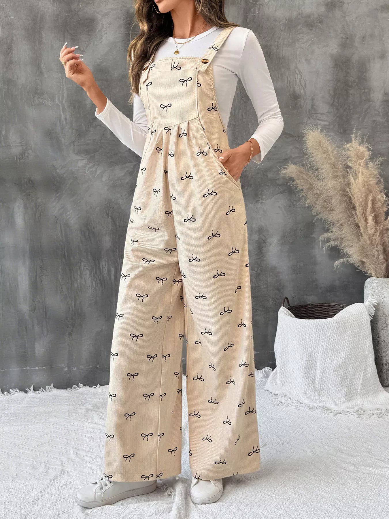Women’s Bow Tie Wide Leg Corduroy Overalls – Trendy High Waist Loose Fit Jumpsuit
