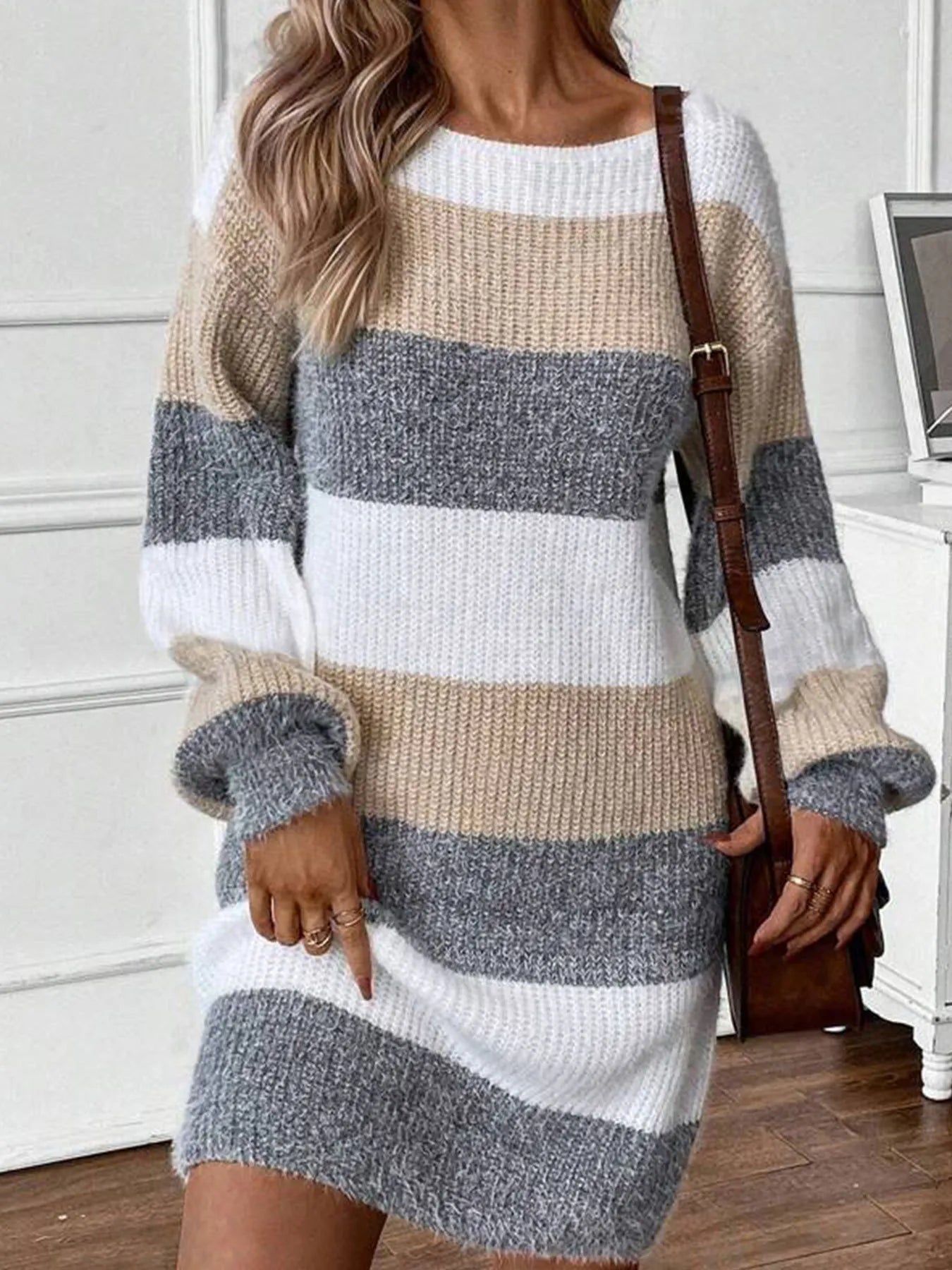 Color Block Long Sleeve Sweater Dress – Cozy Knit Fall Mini Dress