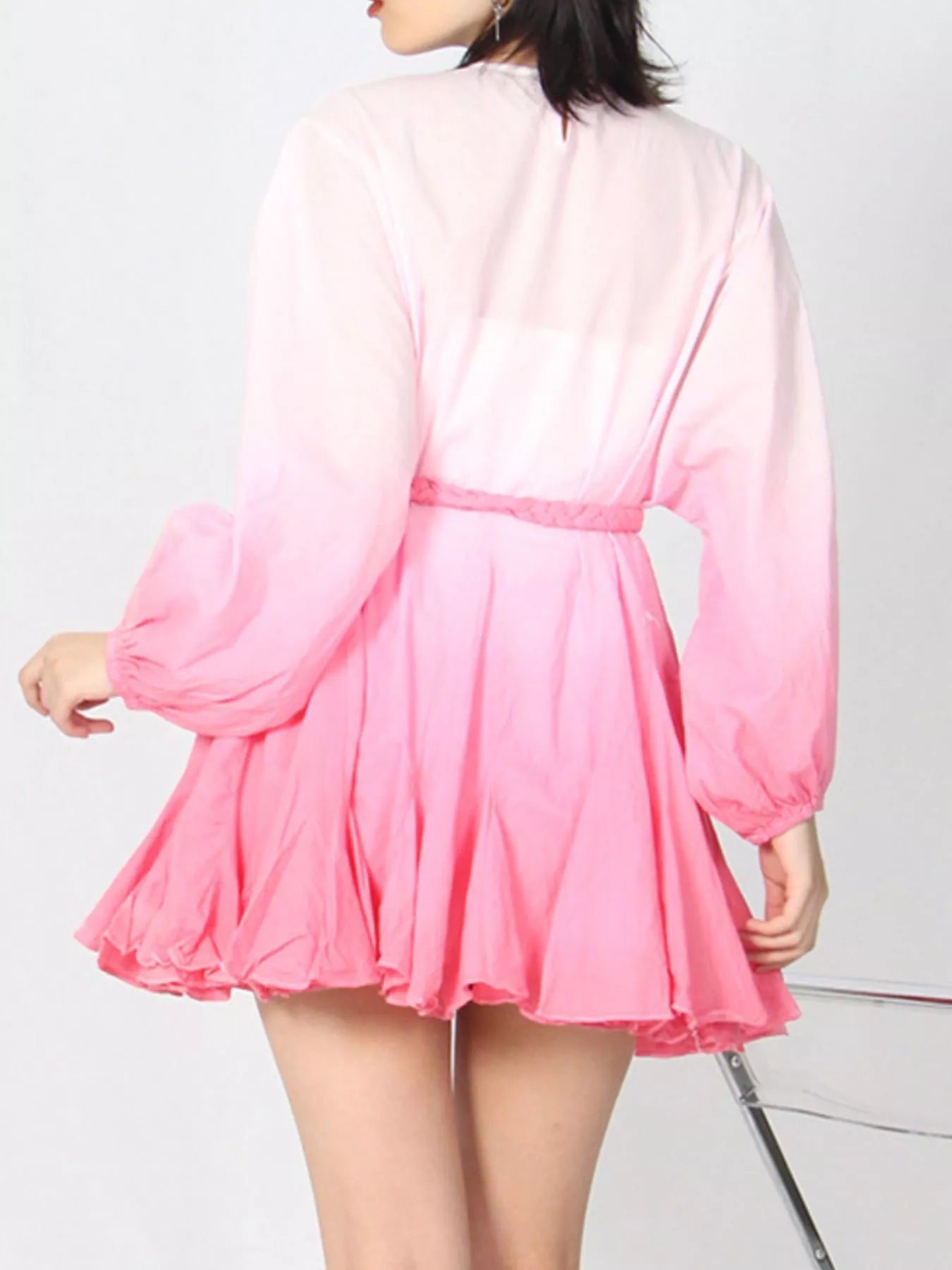 Pink and White Gradient Round Neck Balloon Sleeve Dress – Ombre Long Sleeve Mini Dress for Women
