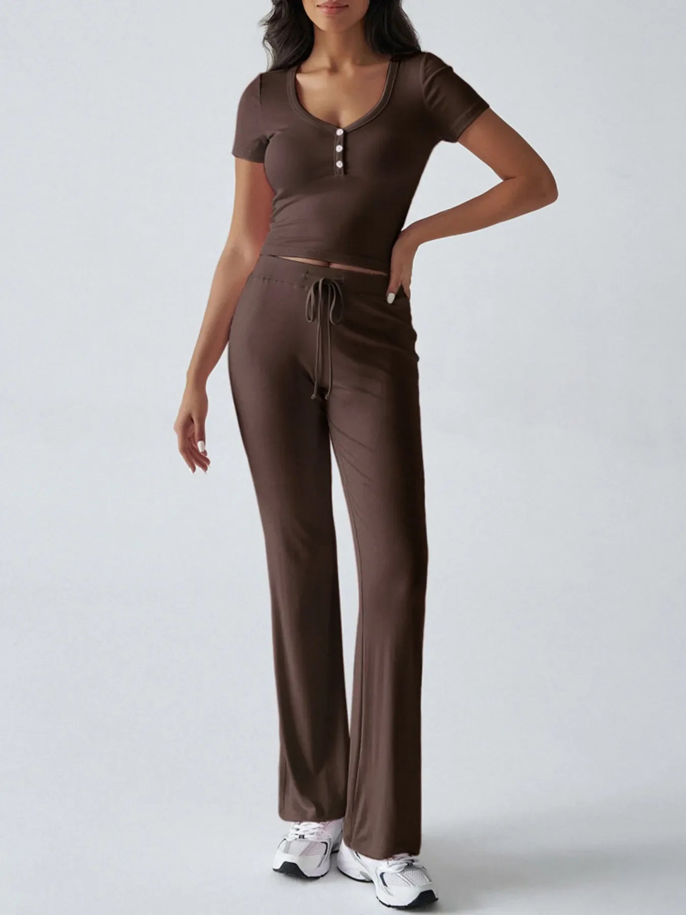 Casual Ribbed Short Sleeve Top and Pants Set
