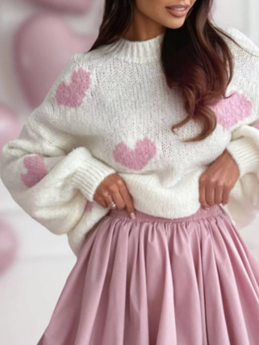 Heart Round Neck Knitted Sweater