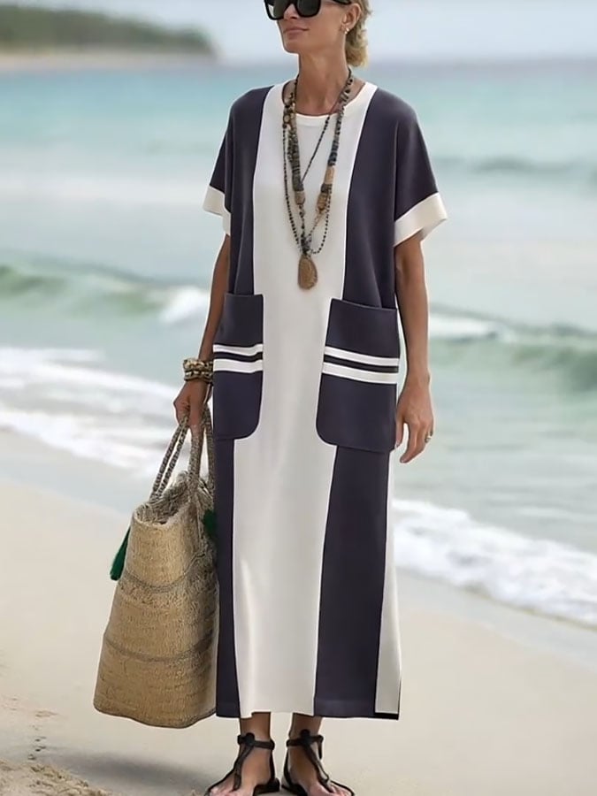 Women's Holiday Contrast Print Round Neck Loose Dress
