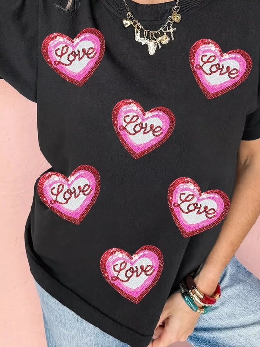 Sequin Love Heart Patched Crew Neck Casual Tee
