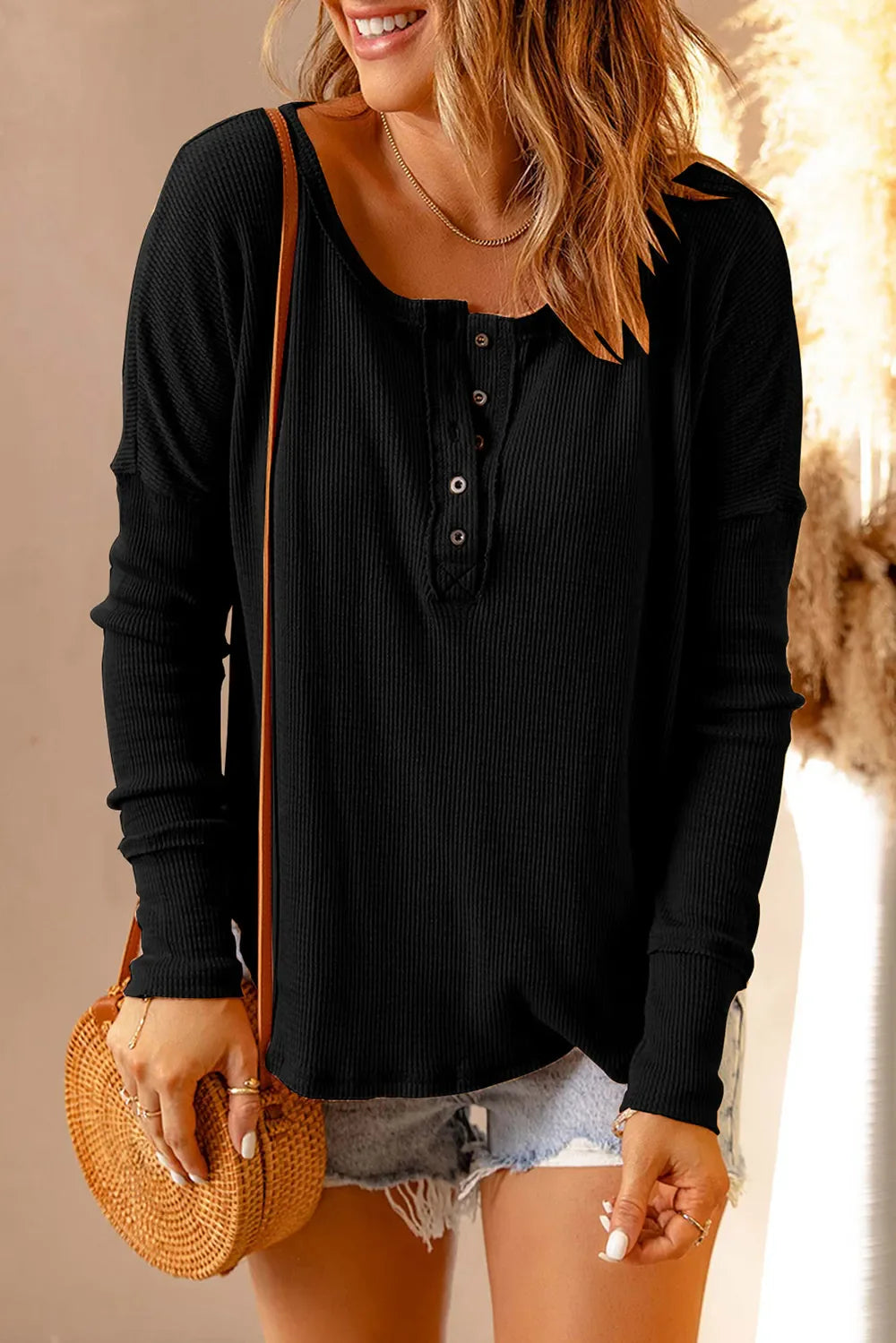 Half Button Drop Shoulder T-Shirt – Full Size Women’s Relaxed Fit Tee
