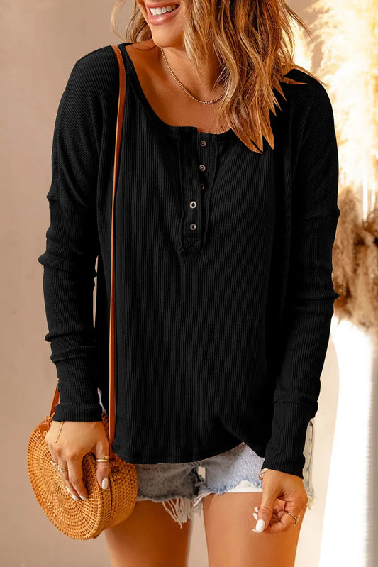 Half Button Drop Shoulder T-Shirt – Full Size Women’s Relaxed Fit Tee Black