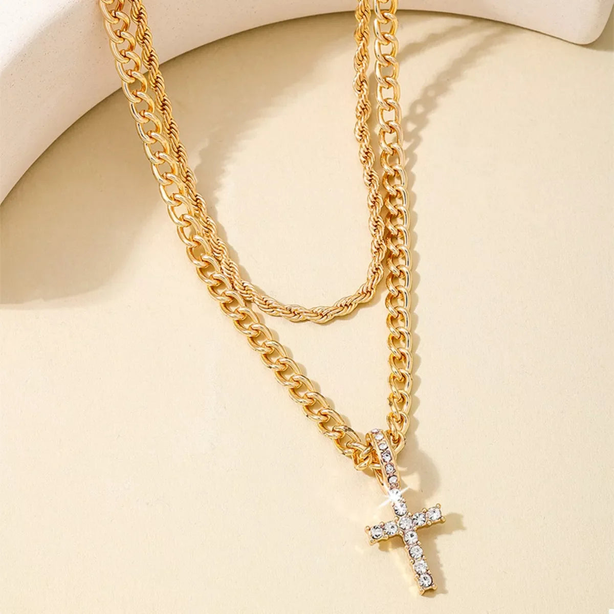 Layered Gold Chain Cross Pendant Necklace