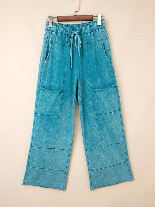 Women’s Teal Mineral Wash High Waist Pants – Relaxed Fit Patched Pocket Denim Trousers