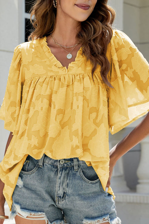 A Chance For Love Floral Jacquard Short Sleeve Top - 7 Colors Yellow