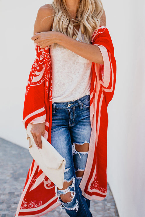 Heat Wave Boho Print Kimono - 3 Colors One Size Red