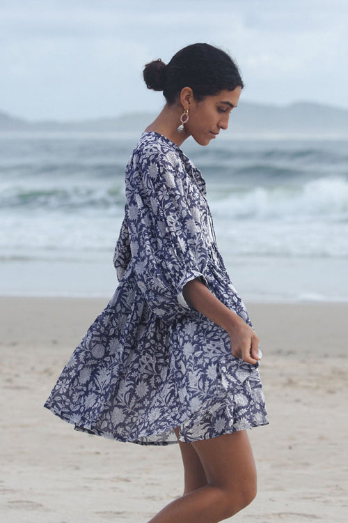 Take Your Joy Printed Babydoll Mini Dress - Blue Navy