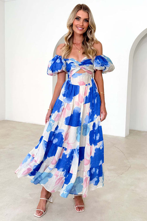 Clear Love Printed Puff Sleeve Maxi Dress - 5 Colors Deep Blue